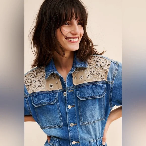 New! Free People x Tricia Fix Tan Bandana Patchwork Blue Denim Jumpsuit💙 Medium - Picture 5 of 13